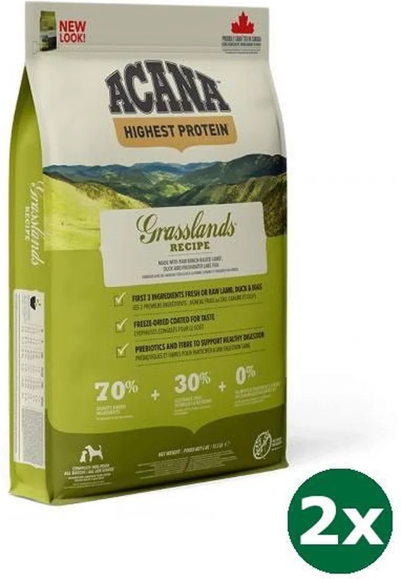 2x11,4 kg Acana highest protein grasslands dog hondenvoer de Acana – photo produit
