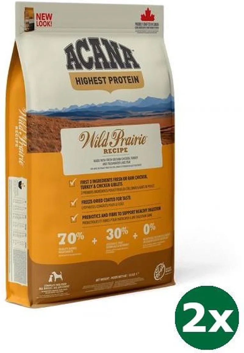 2x11,4 kg Acana highest protein wild prairie dog hondenvoer de Acana – photo produit