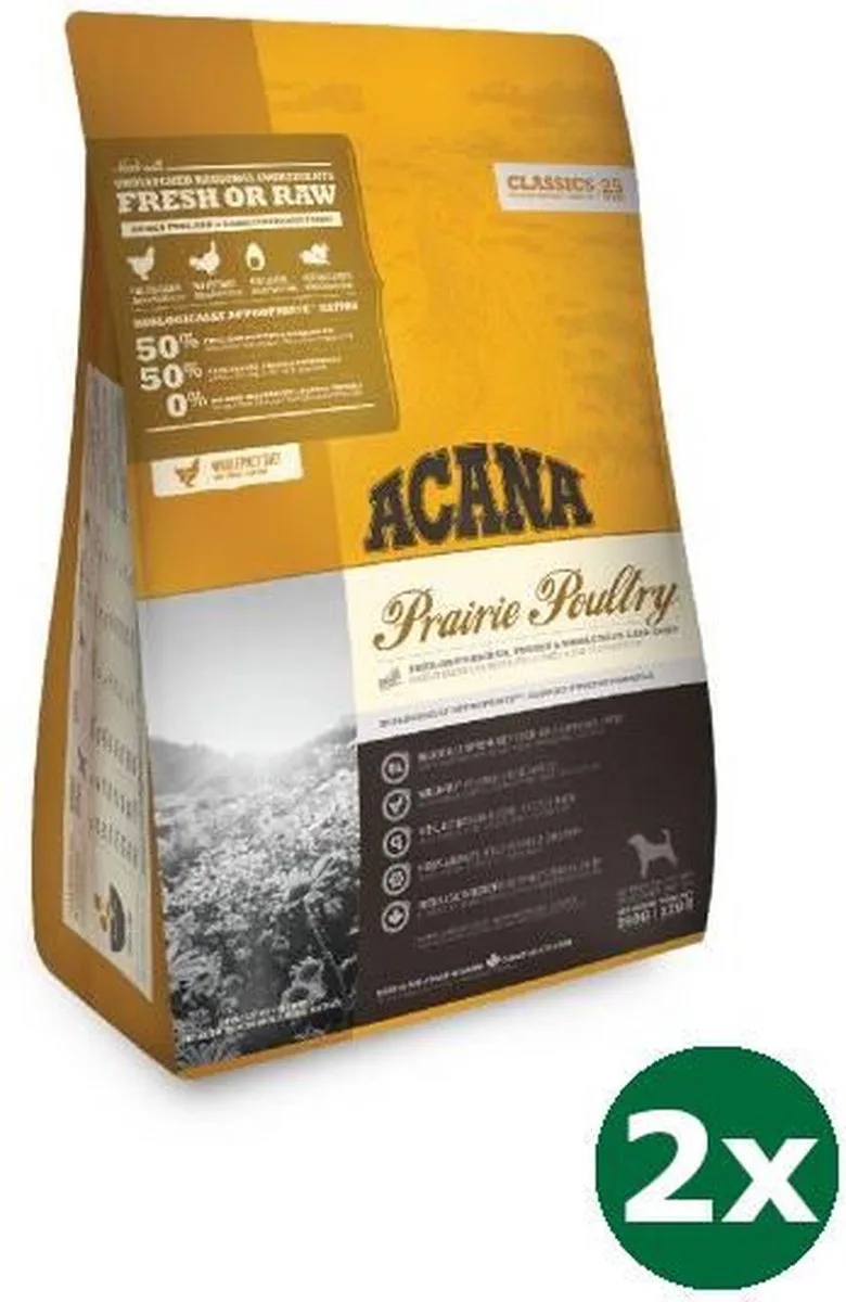 2x2 kg Acana classics prairie poultry hondenvoer de Acana – photo produit