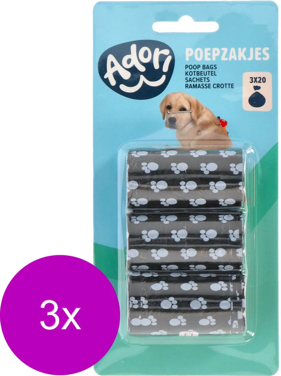 Poepzakjes Navulling - Hondenpoepzakjes - 3 x 3x20 Zakjes van Adori in Zwart – productfoto