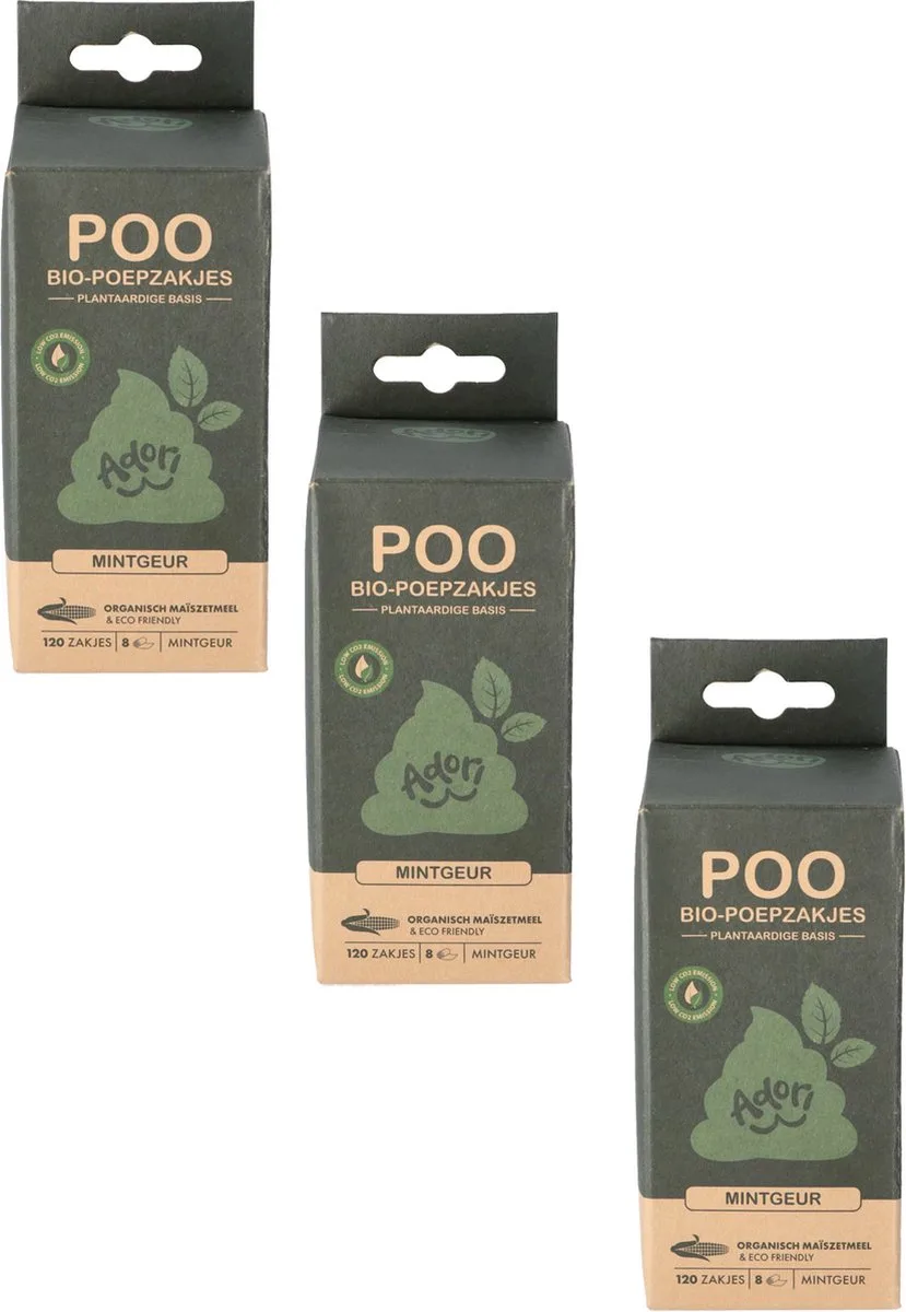 Poo Bio-Poepzakjes - Hondenpoepzakjes - 3 x 22x32 cm 8x15 Zakjes Mintgeur van Adori in Wit – productfoto