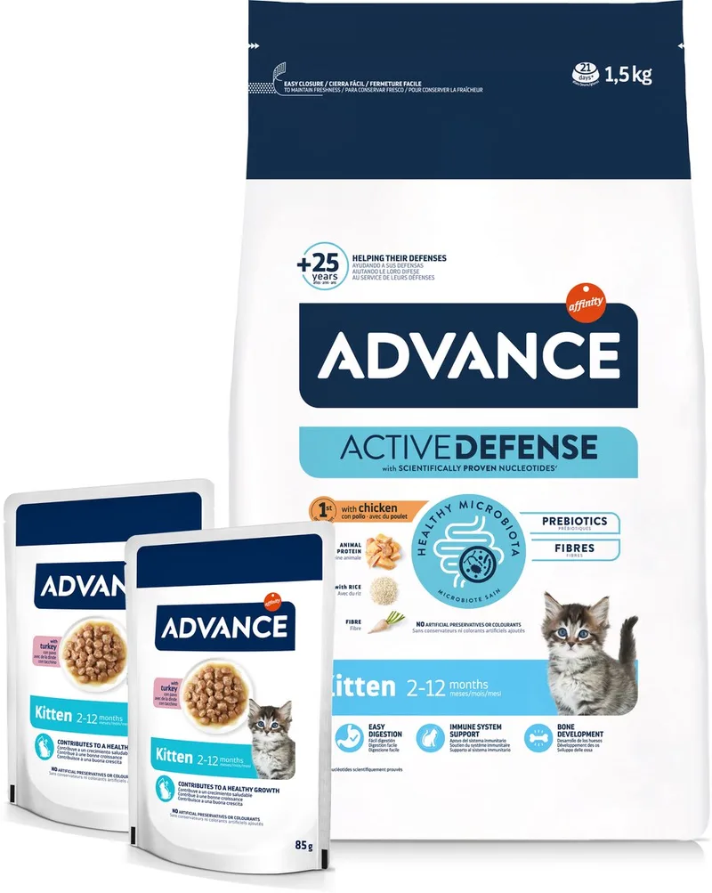 Kattenvoer - Kip Rijst 1,5kg + 2 Pouches 85g - Volledige voeding voor kittens, met prebiotica en nucleotiden von Advance – Produktfoto