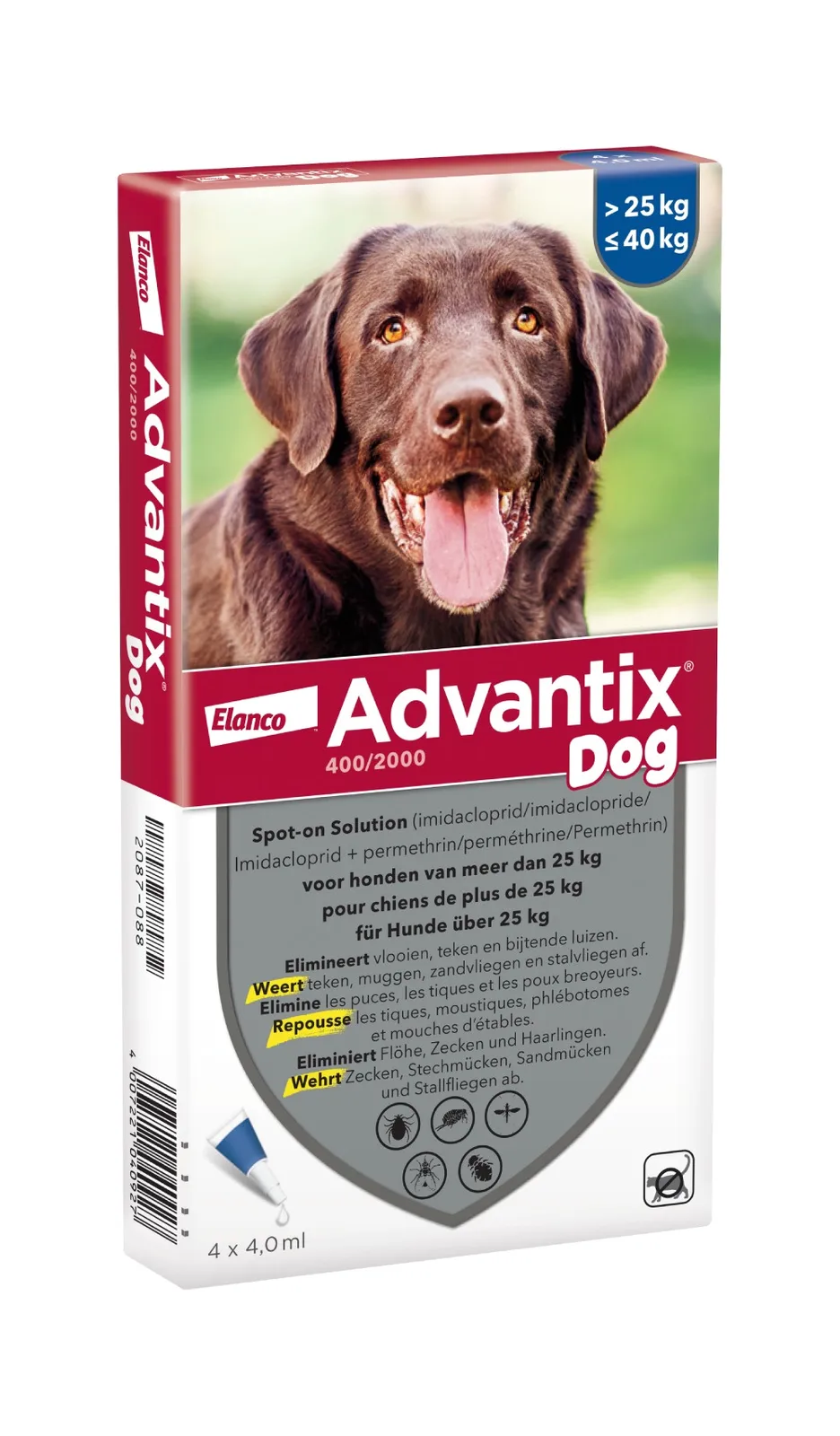 4 Pipetten x 4 ml Advantix 400/2000 Spot-on Solution voor Honden 25-40 kg - BE van Advantix – productfoto