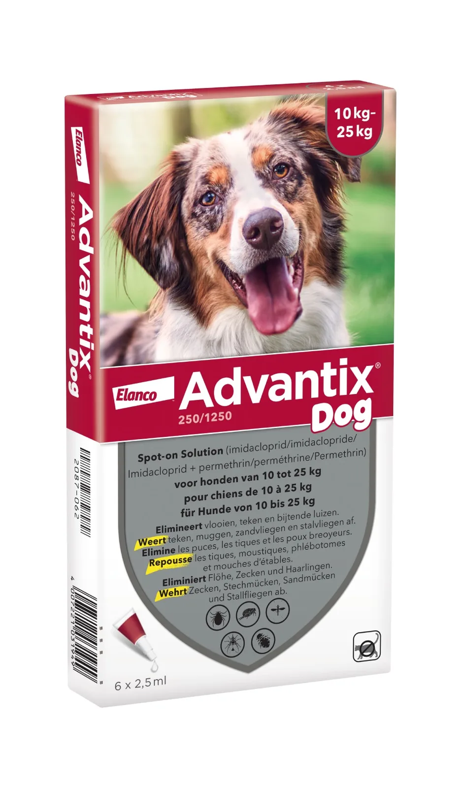 Advantix® 250/1250 Spot-On Solution voor Honden 10 - 25 kg - Dubbelpak: 2 x 6 Pipetten - BE van Advantix – productfoto
