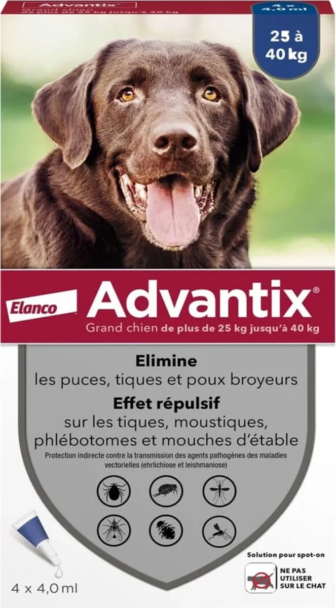 Grand Chien – Traitement Anti-Puces et Tiques – 25-40 kg – 4 Pipettes de Advantix – photo produit
