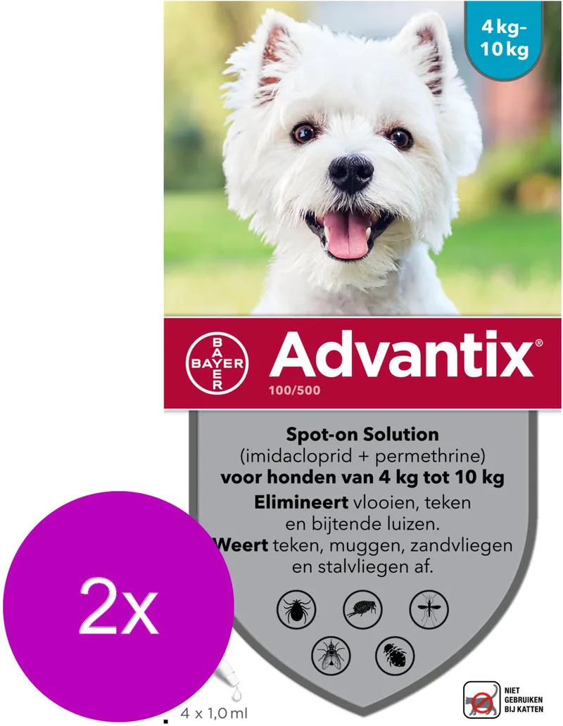 Bayer Advantix Vlooien & Teken Pipetten - Hond 4 tot 10kg - 2 x 4 stuks by Advantix – product photo