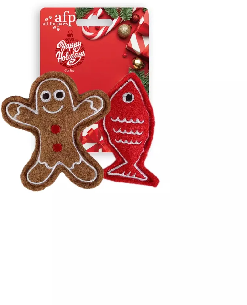 Happy Holidays Kattenspeelgoed - Peperkoekman & Vis - Kattenspeeltjes - 2-Pack de AFP en Marron – photo produit