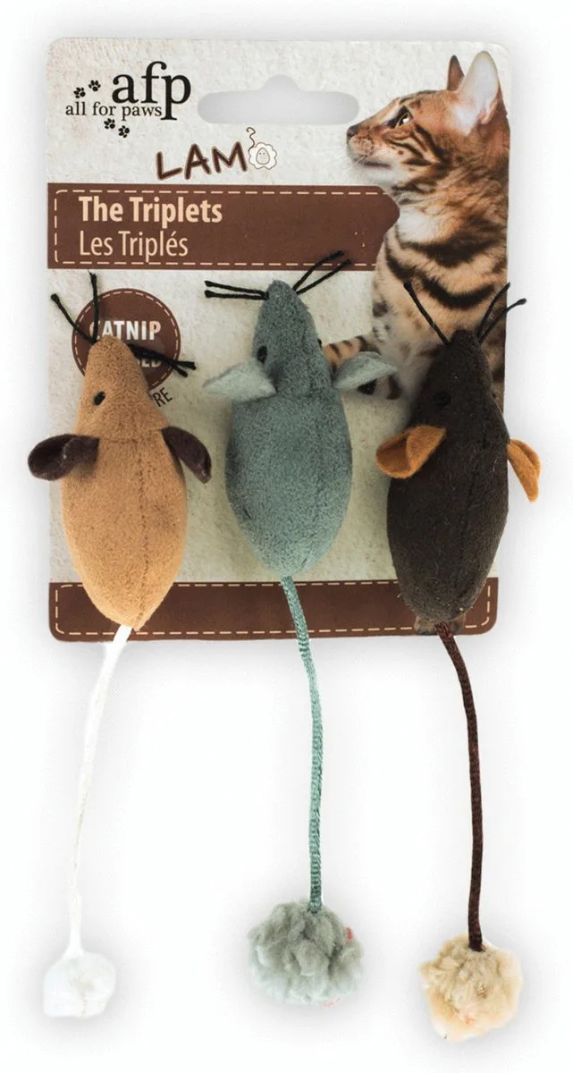 Afp muis the triplets lamswol met catnip assorti kattenspeelmuis kat 7x7x3 cm 3st by All For Paws in Brown – product photo
