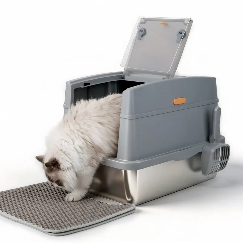 Edelstahl Katzentoilette mit Vorleger & Schaufel by All For Paws in Grey, Regular – product photo