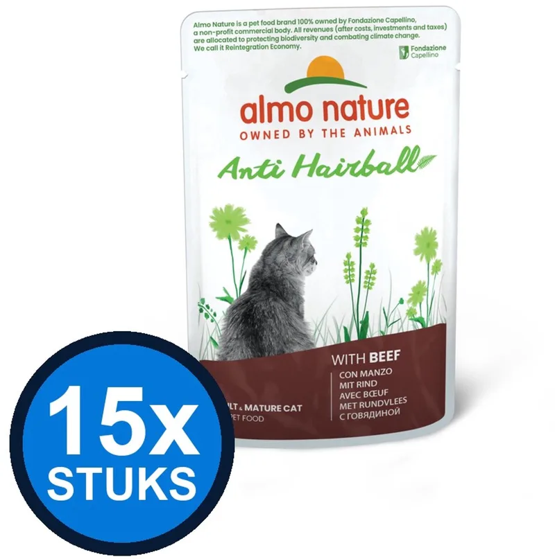 15x Almo Nature Holistic - Kattenvoer Natvoer Maaltijdzakje - Anti-Haarbal - Rund - 70g fra Almo Nature – produktbillede