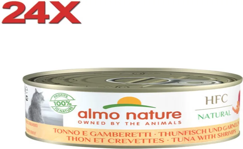 24x Almo Nature HFC - Kattenvoer Natvoer Blik - Natural - Tonijn & Garnaaltjes - 150g de Almo Nature – photo produit