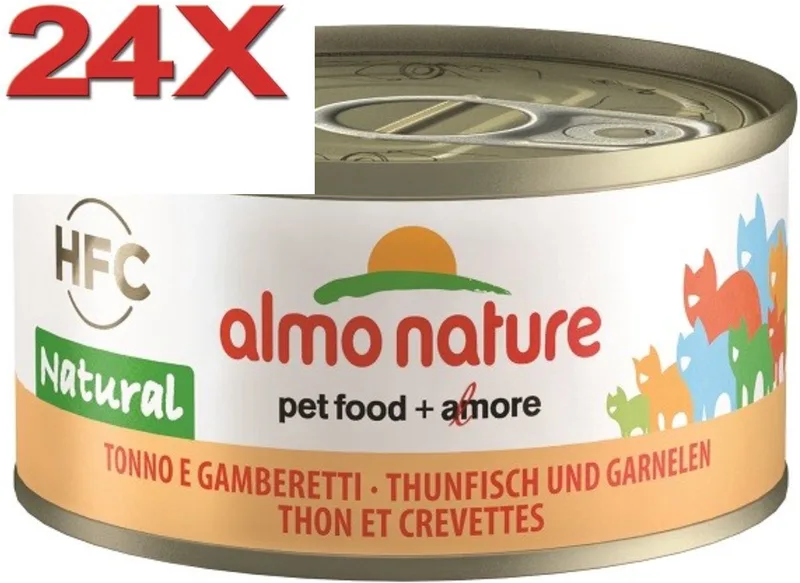 24x Almo Nature HFC - Kattenvoer Natvoer Blik - Natural - Tonijn & Garnaaltjes - 70g fra Almo Nature – produktbillede