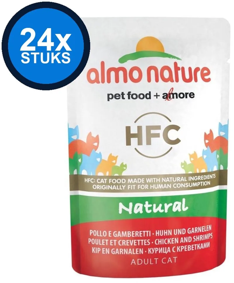 24x Almo Nature HFC - Kattenvoer Natvoer Maaltijdzakje - Natural - Kip & Garnalen - 55g fra Almo Nature – produktbillede