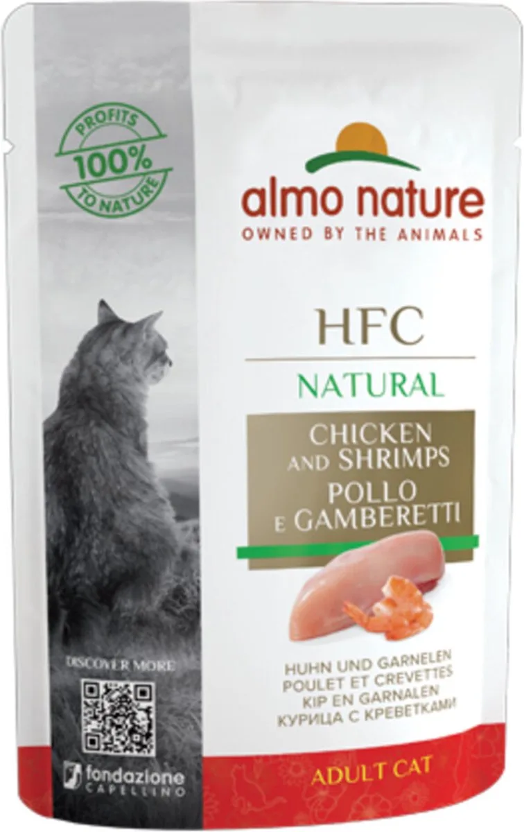 48x Almo Nature HFC Natural Kattenvoer Nat Maaltijdzakje Kip & Garnaal 55 gr fra Almo Nature – produktbillede