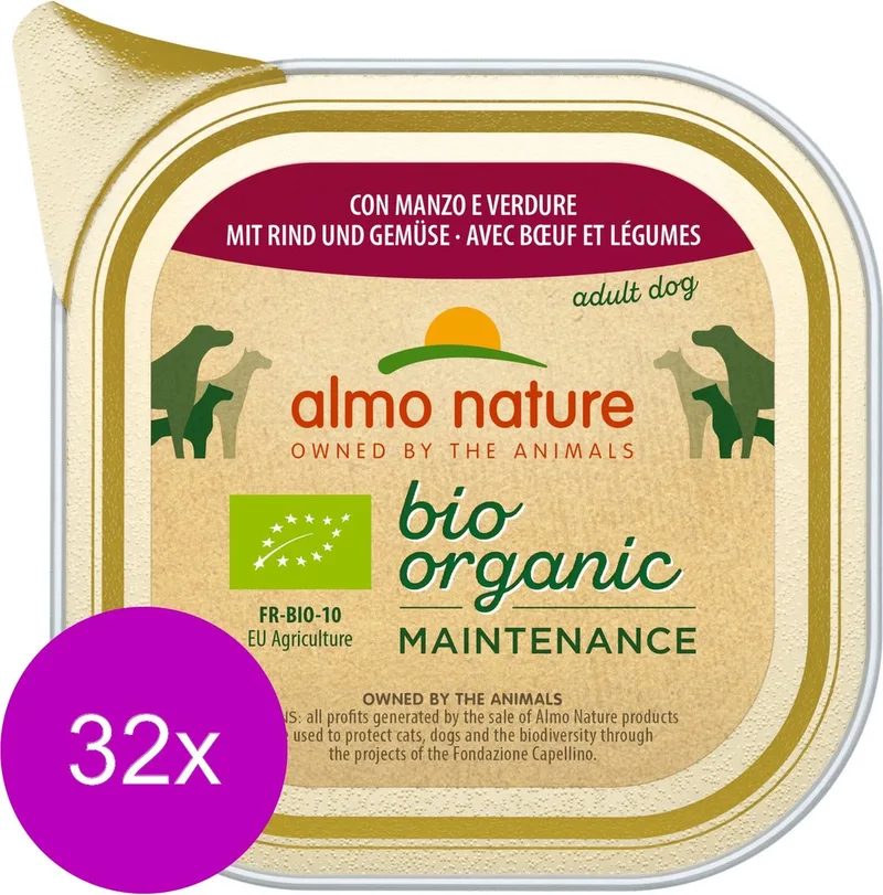 Almo�Nature�Bio�Organic�Maintenance�Natvoer�voor�Honden�-�32�x�100�gram�-�met�Rund�en�Groenten�-�32�x�100�gram NL-BIO-01 de Almo Nature – photo produit
