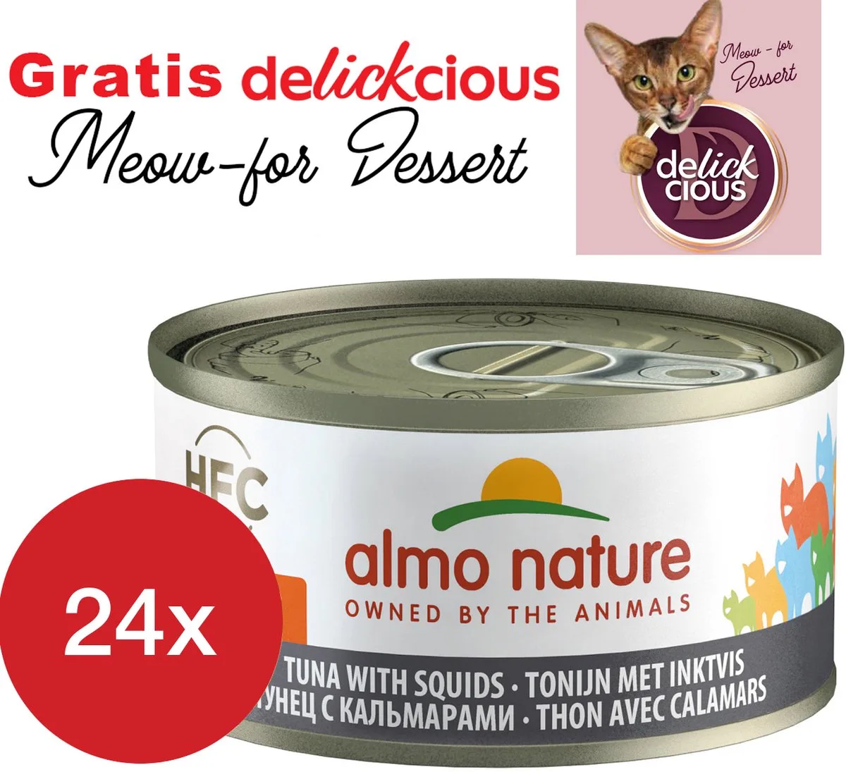 jelly met tonijn en inktvis 24 x 70 gram met GRATIS Delickcious dessert by Almo Nature – product photo