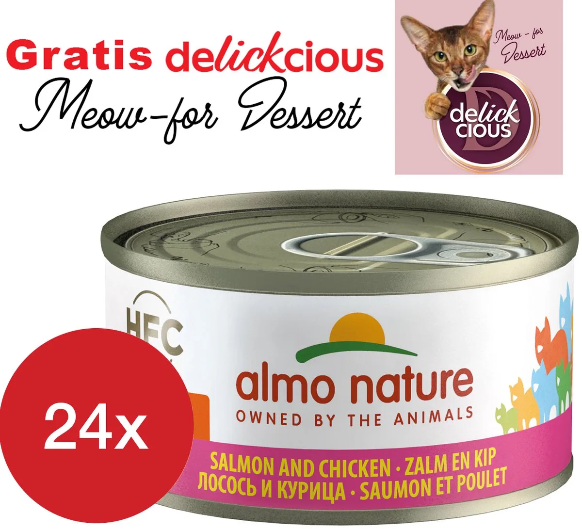 jelly met zalm en kip 24 x 70 gram met GRATIS Delickcious dessert by Almo Nature – product photo