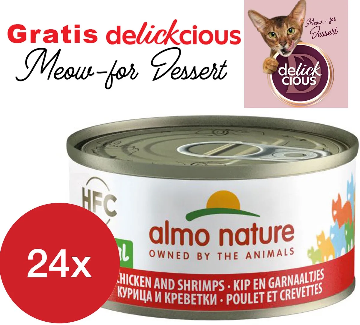 kip en garnaaltjes 24 x 70 gram met GRATIS Delickcious dessert by Almo Nature – product photo