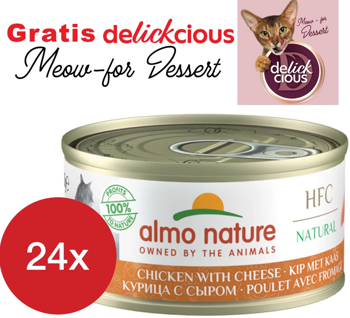 kip met kaas 24 x 70 gram met GRATIS Delickcious dessert by Almo Nature – product photo