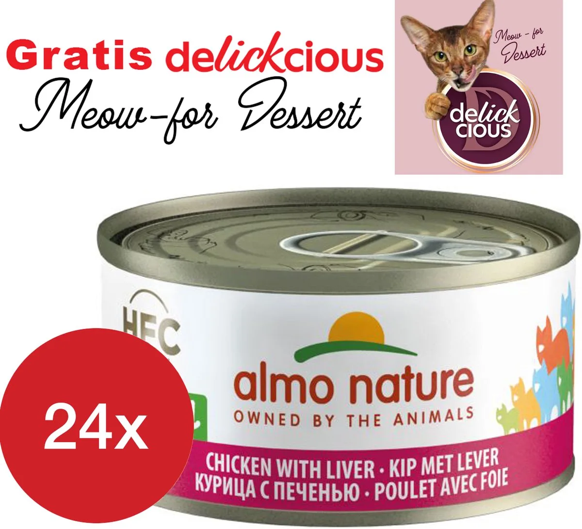 kip met lever 24 x 70 gram met GRATIS Delickcious dessert by Almo Nature – product photo