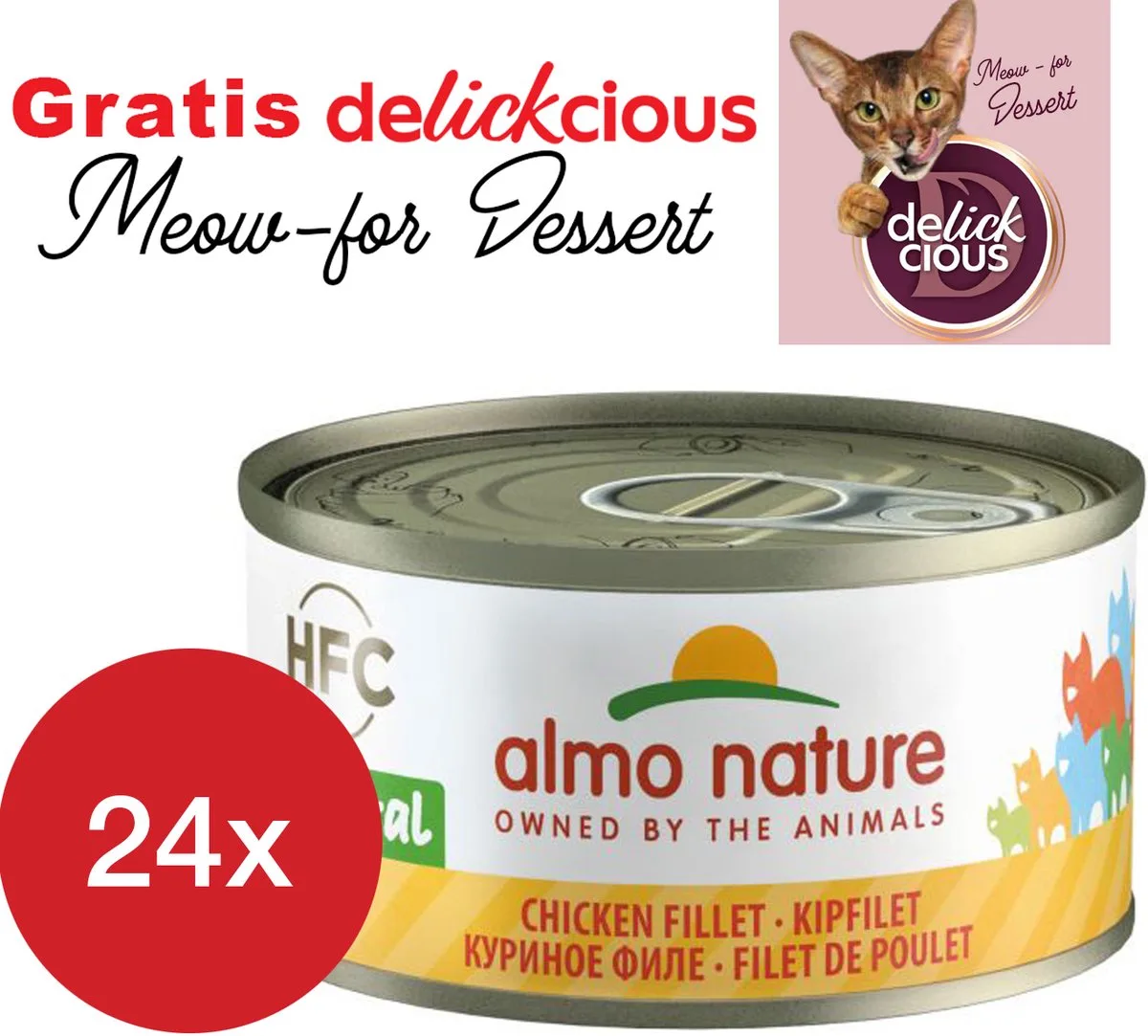 kipfilet 24 x 70 gram met GRATIS Delickcious dessert by Almo Nature – product photo