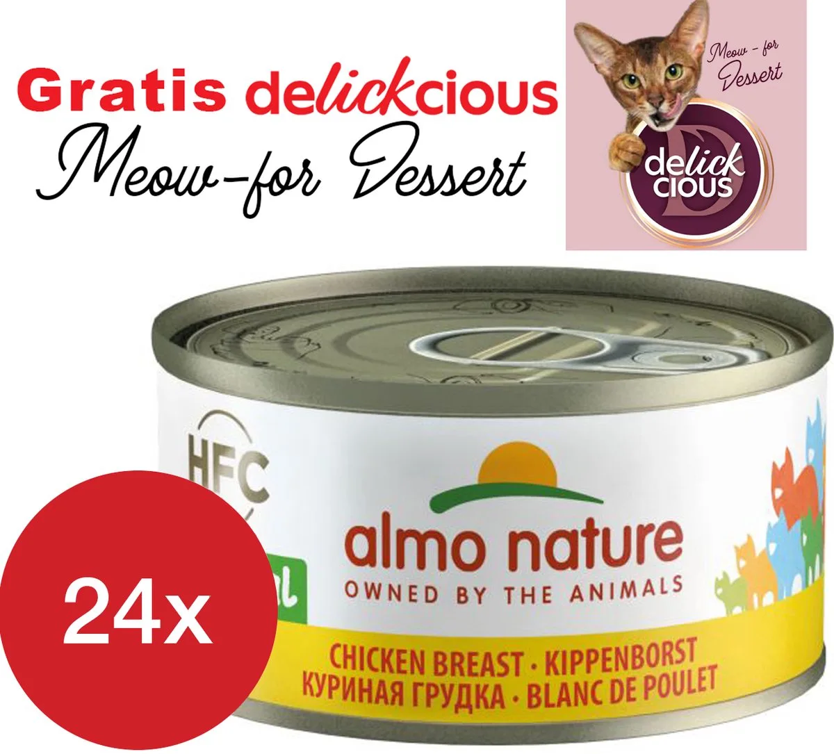kippenborst 24 x 70 gram met GRATIS Delickcious dessert från Almo Nature – produktbild