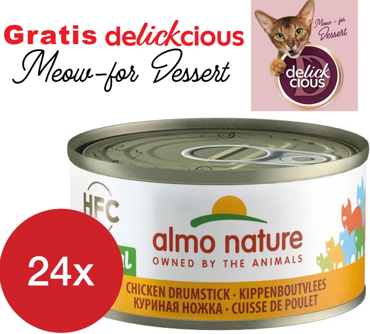 kippenboutvlees 24 x 70 gram met GRATIS Delickcious dessert fra Almo Nature – produktbillede