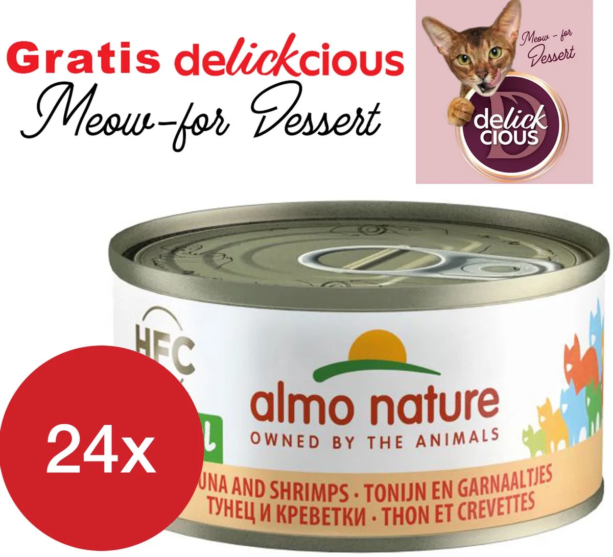 natural tonijn en garnaaltjes 24 x 70 gram met GRATIS Delickcious dessert by Almo Nature – product photo