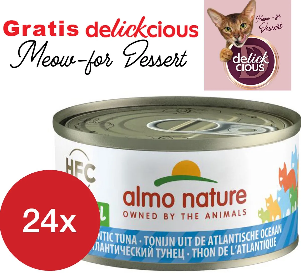 natural tonijn uit de atlantische oceaan 24 x 70 gram met GRATIS Delickcious dessert by Almo Nature – product photo