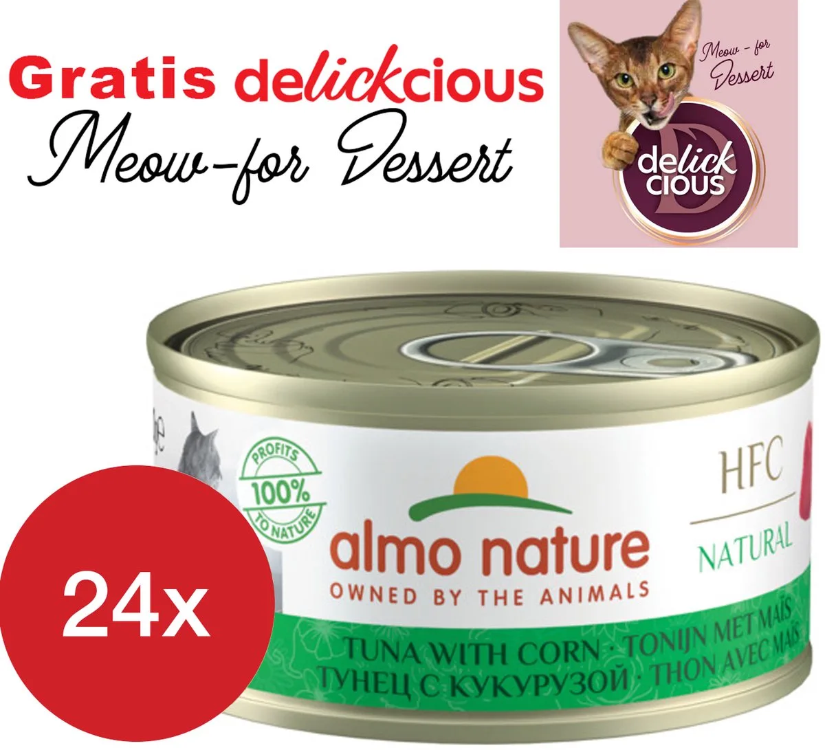 tonijn met maïs 24 x 70 gram met GRATIS Delickcious dessert by Almo Nature – product photo