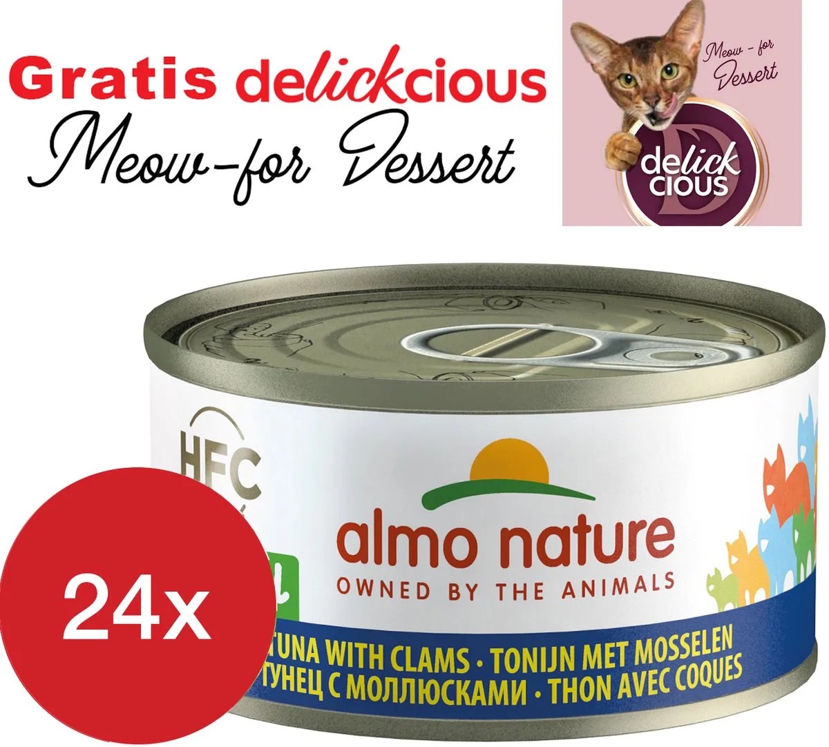 tonijn met mosselen 24 x 70 gram met GRATIS Delickcious dessert by Almo Nature – product photo