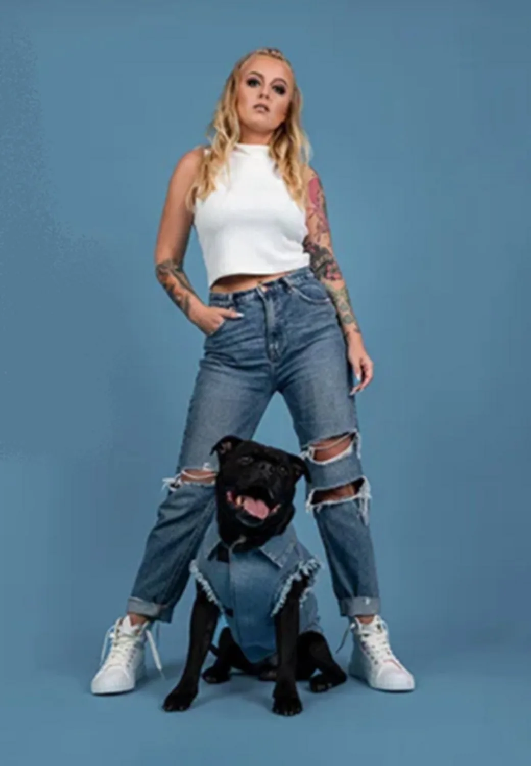 Denim Jacket Hondenjas - Katoen - Blue - Maat / Lengte: 50 cm (GELIEVE ALVORENS BESTELLEN EVEN OPMETEN) från Amiplay i Mörkblå – produktbild