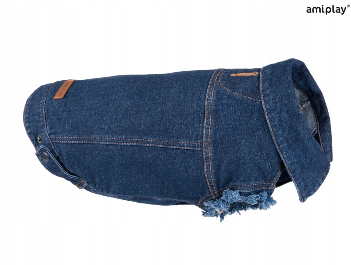 Denim Jacket Hondenjas - Katoen - Maat / Lengte: 30 cm (GELIEVE ALVORENS BESTELLEN EVEN OPMETEN) från Amiplay i Mörkblå – produktbild