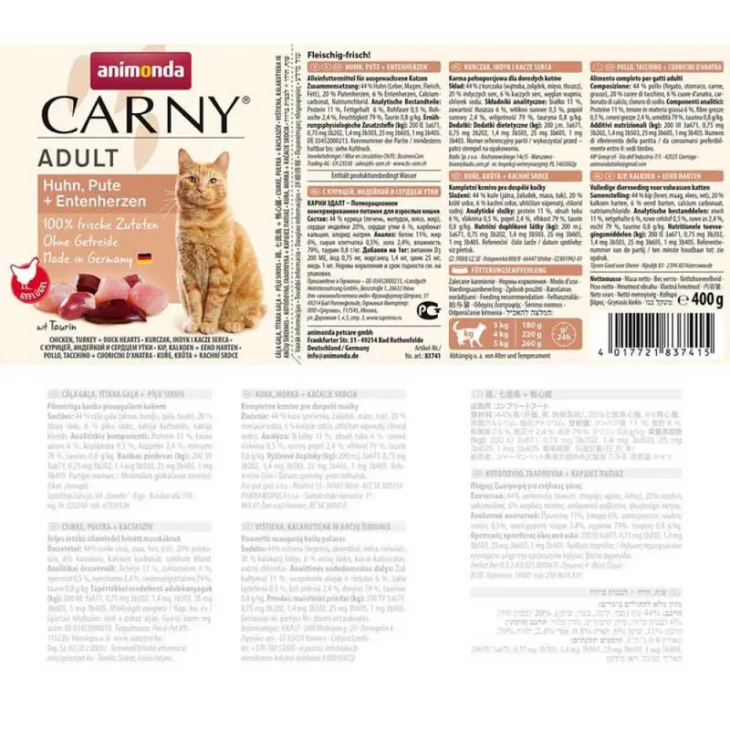 Nourriture Humide Pour Chats Adultes Carny Au Goût Poulet Dinde Et Cœurs De Canard 400g de Animonda – photo produit 2 sur 2