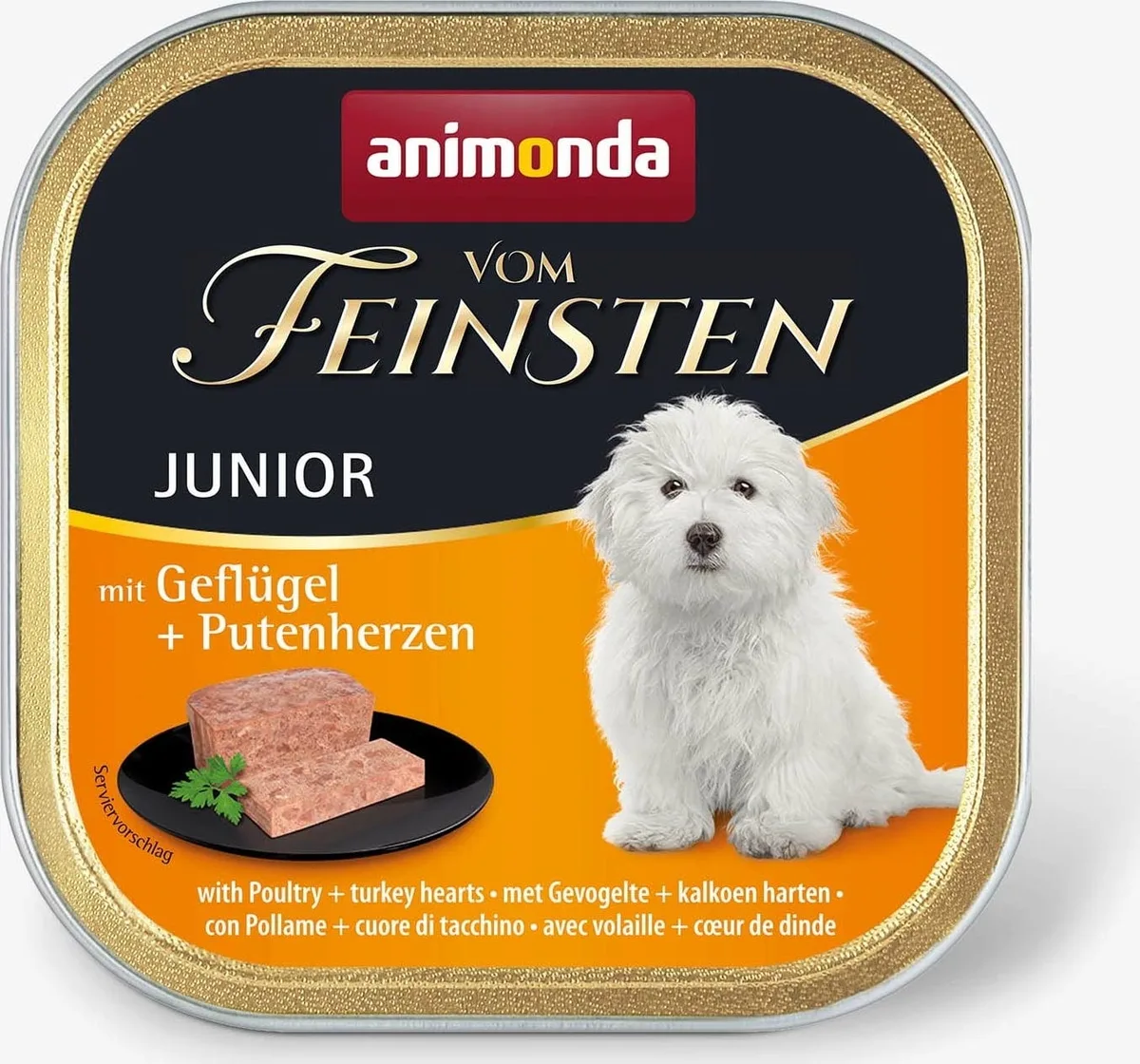 Vom Feinsten Junior Pastete Schale 150g - Geflügel und Putenherzen från Animonda – produktbild