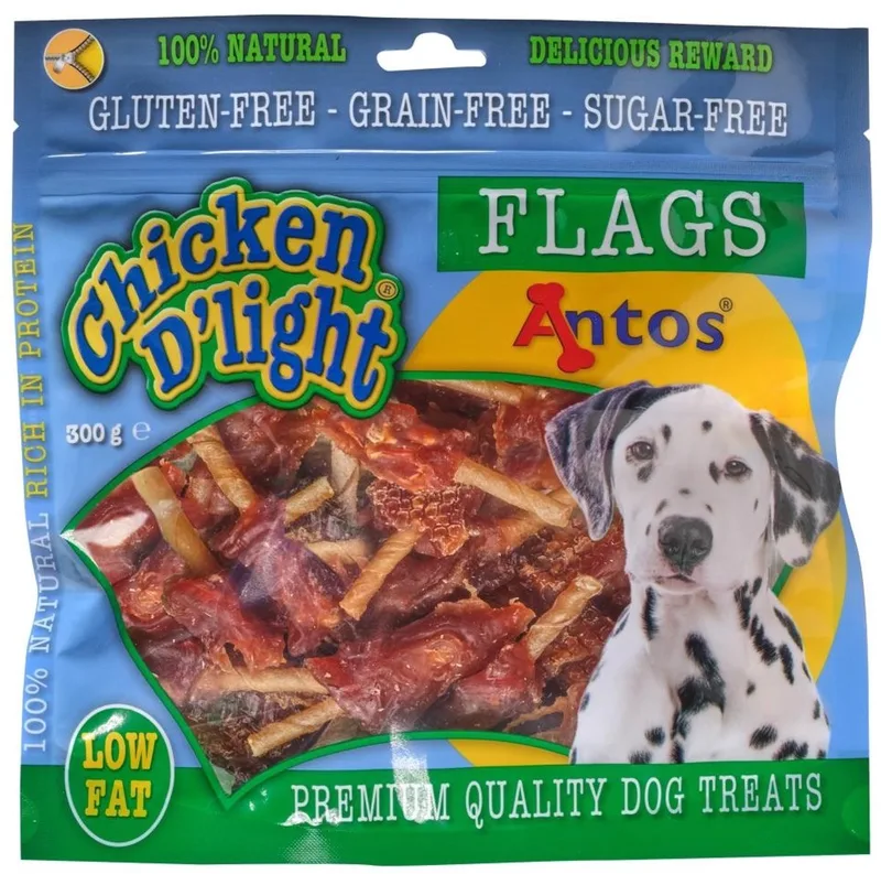 Honden Snacks - Chicken D'Light Flags 300 Gr - Natuurlijke Kip en Runderhuid, Glutenvrij, Geschikt voor Pups en Senioren by Antos – product photo
