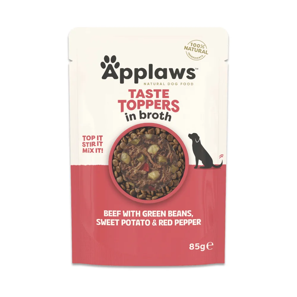 Taste Toppers Pouch in Bouillon 12 x 85 g Hondenvoer - Rund met groene Bonen, Zoete Aardappel & rode Paprika van Applaws – productfoto