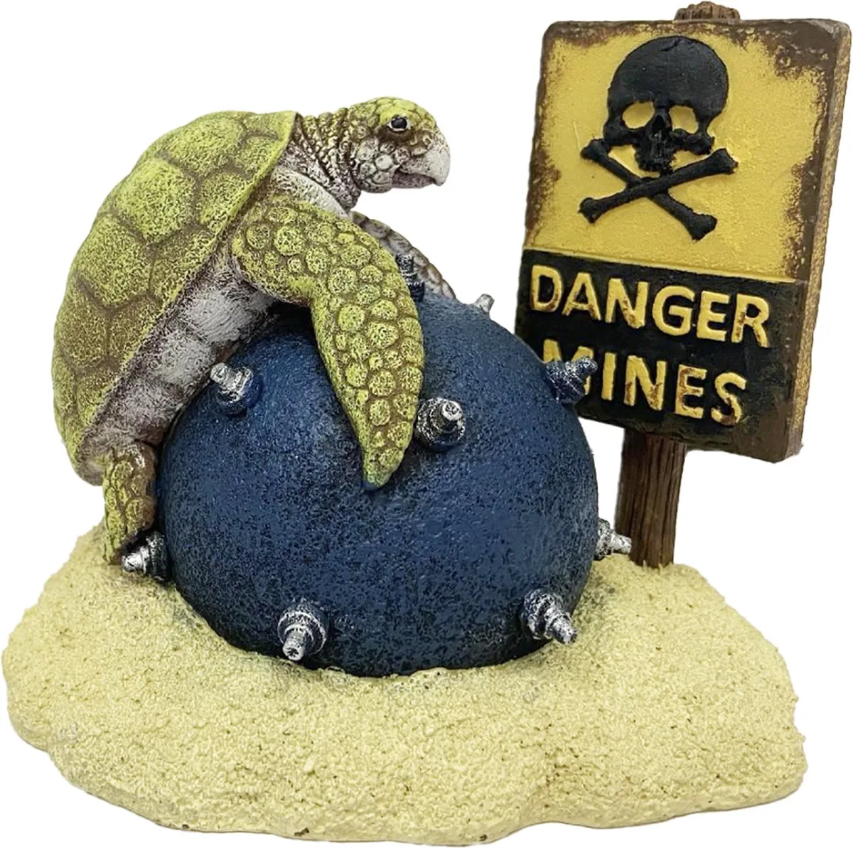 Danger Mines - Grappig Aquariumornament met Schildpad - Met Waarschuwingsbord - 12x8,5x10,5cm - Meerkleurig by Aqua Della in Multicolour – product photo