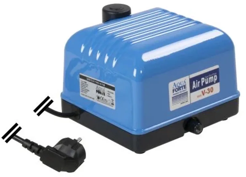 Hi-Flow V-30 luchtpomp, aluminium behuizing, stil en krachtig, vermogen 25 watt, capaciteit bij 2 meter, 7 liter per minuut, maximale vijverinhoud 18 m3, niet verstelbaar de AquaForte en Bleu – photo produit