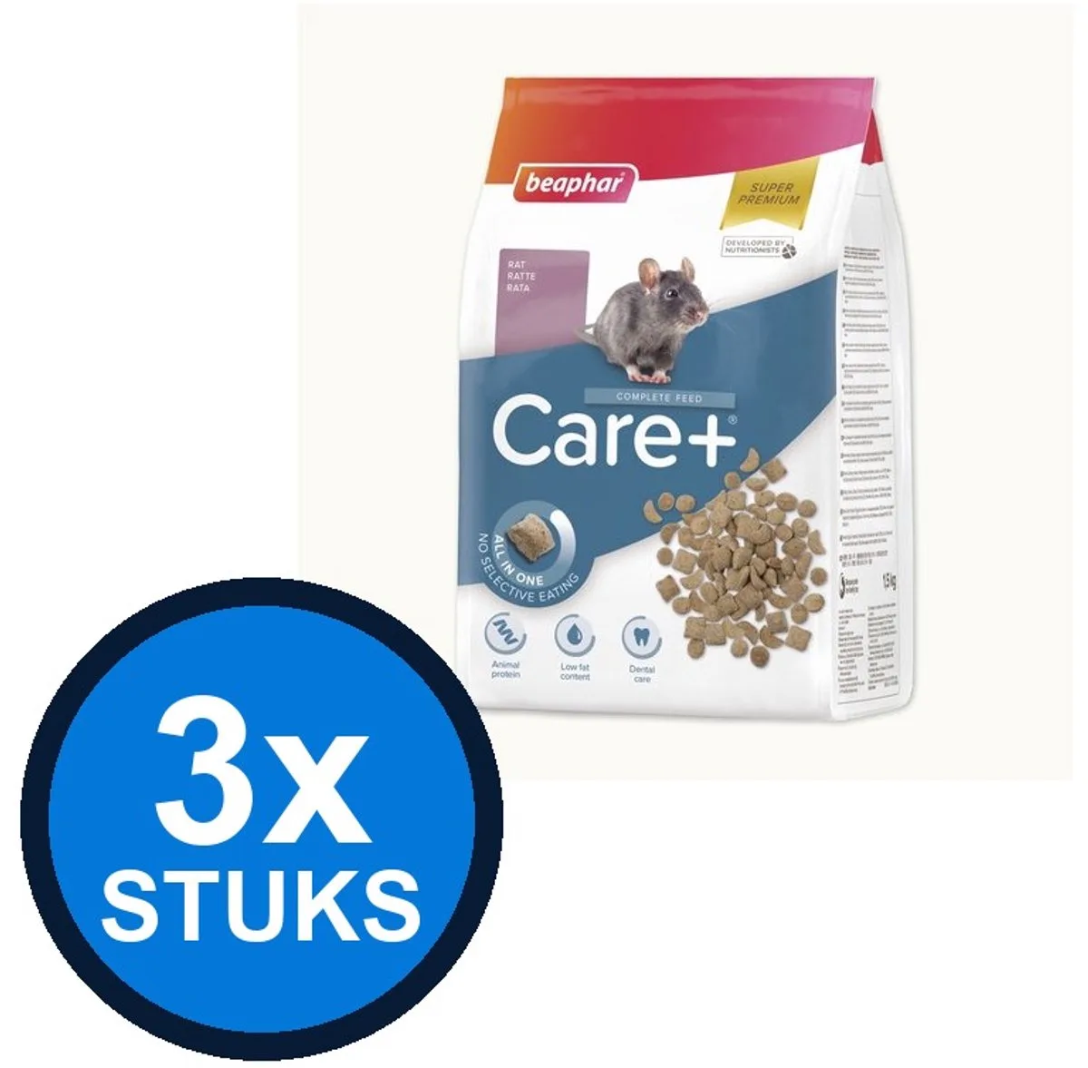 3x Beaphar - Care+ rat 1,5kg - Knaagdierenvoer - 1.5 kg fra Beaphar – produktbillede