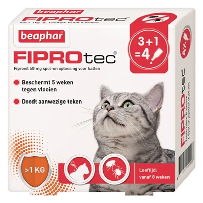 fiprotec kat tegen vlooien & teken - 3+1 pipet >1 kg en 8 weken - 1 stuks von Beaphar – Produktfoto