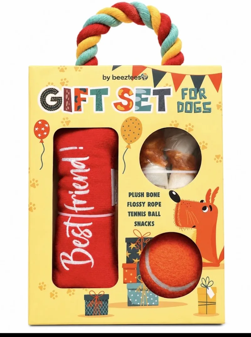 Gift Set Voor Honden - Cadeau set Hond - Hondenspeelgoed - 4 -delig -tennisbal, twee snacks, floss touw, zacht knuffel bot von Beeztees – Produktfoto