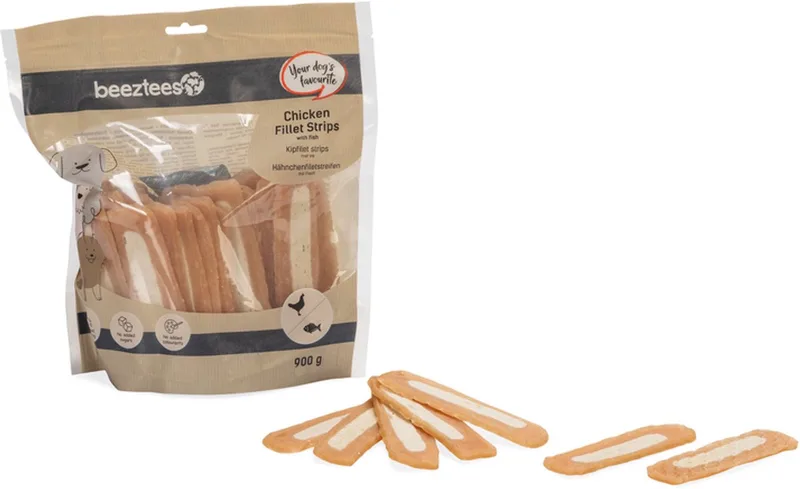 Hondensnack Kipfilet Strips met vis - Beloningssnack - Voordeelverpakking - 900 gr de Beeztees – photo produit