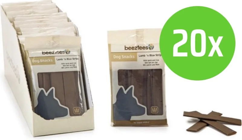 lam en rijst strips 150 gram - hondensnack - 20 verpakkingen von Beeztees – Produktfoto