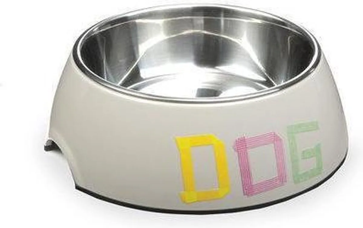 Melamine eetbak Tape Dog, rond. Grijs. de Beeztees en Rvs – photo produit