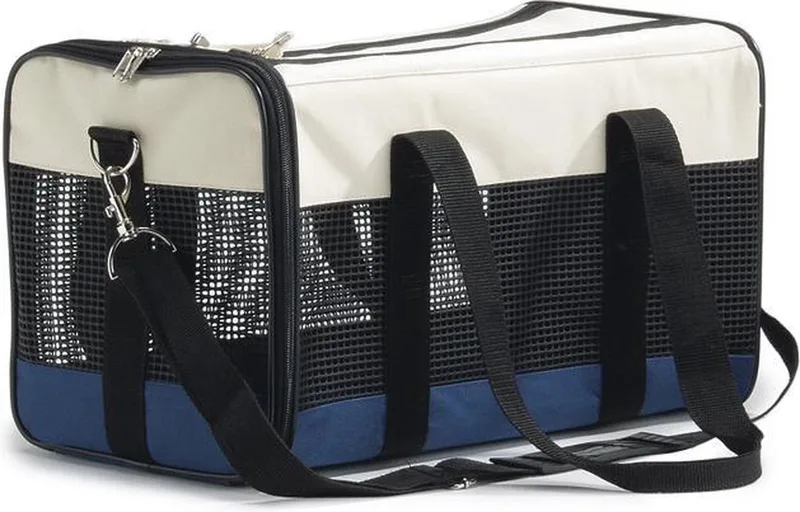 Reistas kat - Draagtas - Reismand - 2 openingen - met extra opbergvak - Creme/Blauw - 43x25x27 cm by Beeztees in Cream, Blue – product photo