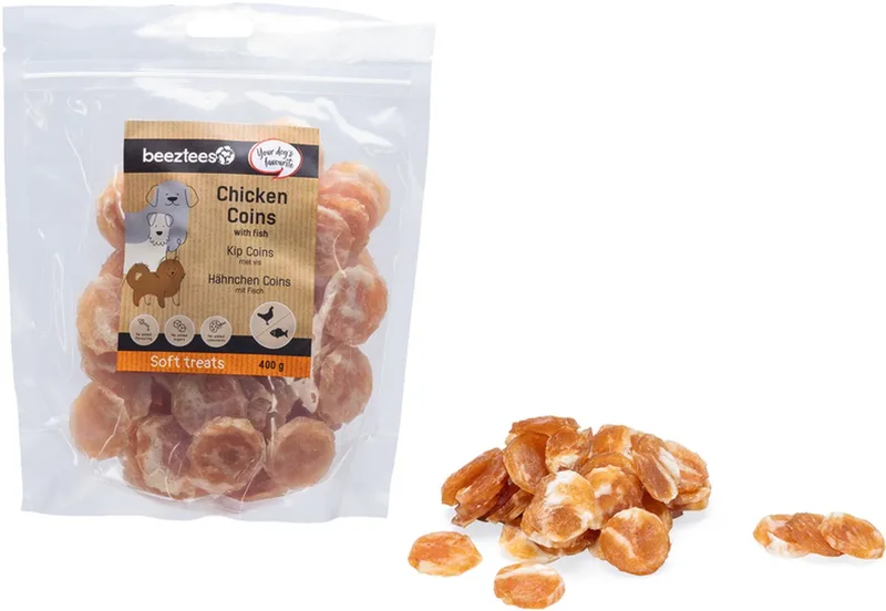 Tasty Treats Kip Coins met Vis - Hondensnacks - Hondenkoekjes - Hondensnoepjes - 400 gram fra Beeztees – produktbillede