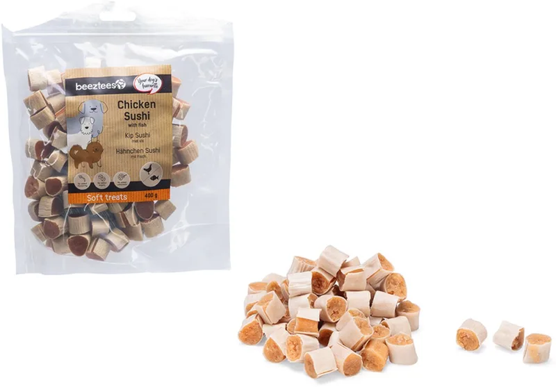 Tasty Treats Kip Sushi met Vis - Hondensnacks - Hondenkoekjes - Hondensnoepjes - 400 gram fra Beeztees – produktbillede