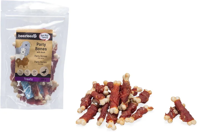 Tasty Treats Party Bones met Eend - Hondensnacks - Hondenkoekjes - Hondensnoepjes - 200 gram de Beeztees – photo produit