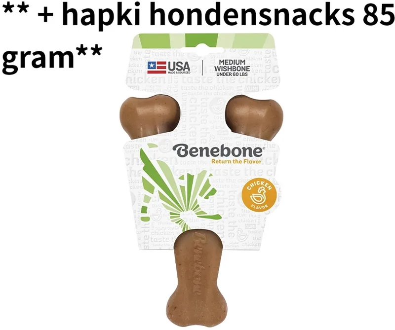 chicken Large - kauwspeelgoed voor honden - kippen smaak - tandverzorgend +** + ** FLAMINGO HAPKI CHICKEN AND RICE SNACKS 85 GR by Benebone in Lichtbruin – product photo